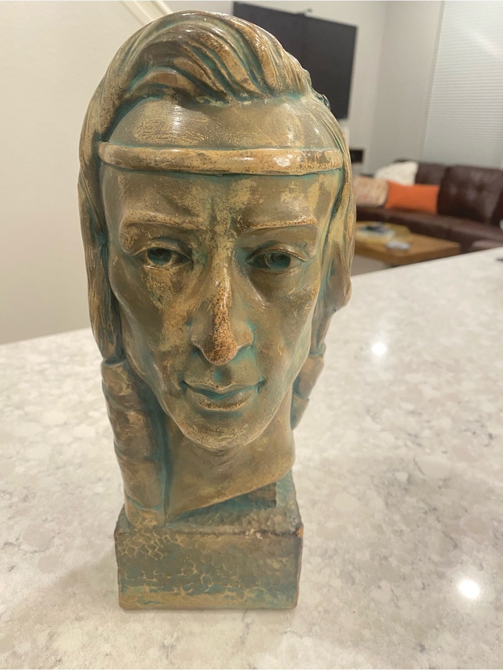 Vintage Ceramic Head Sculpture in Patina Green and Tan - Hillman